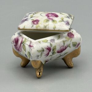 Vtg Footed Rectangle Trinket Box Lid Floral Vanity Glam Victorian Porcelain B141